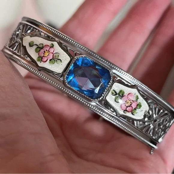 Vintage antique Victorian Art deco Silver Filagree Rose Enamel Blue Bracelet - Picture 1 of 17